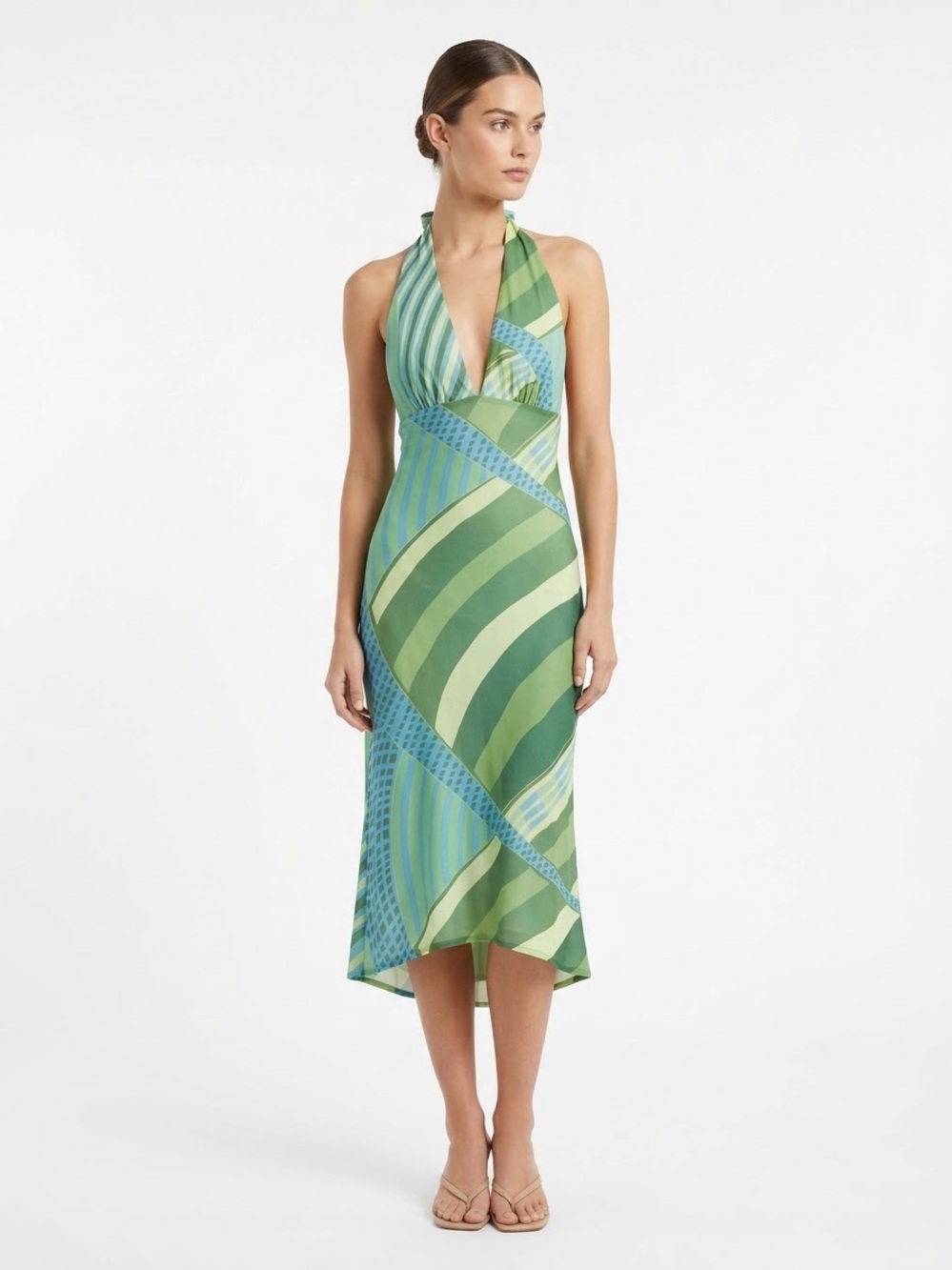 Green Striped Halter Midi Dress